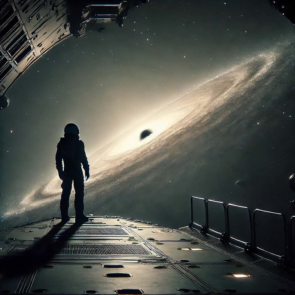 An astronaut staring off at a black hole, confronting certain death.