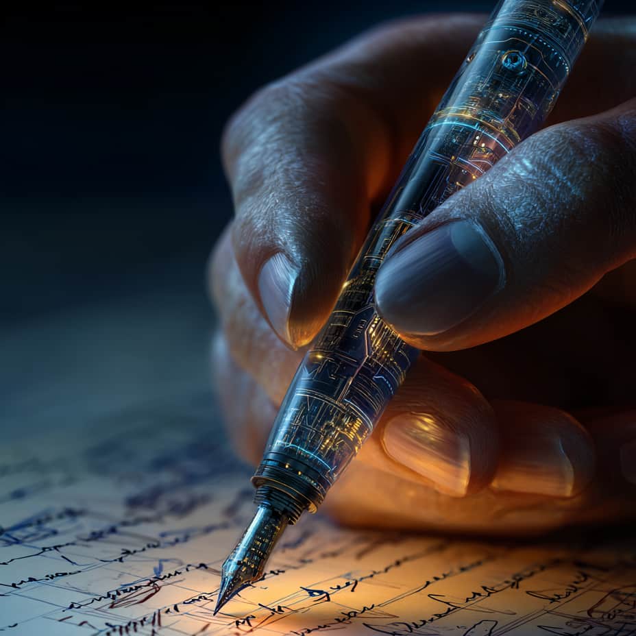 Close-up of a human hand writing a manuscript with a pen featuring subtle robotic elements, symbolizing technology as a writing tool.