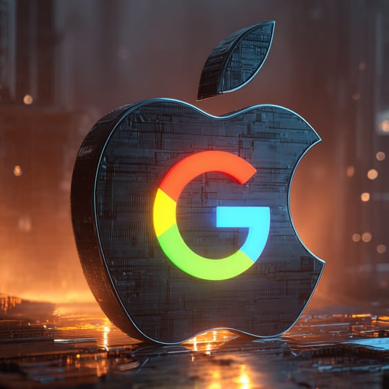 Mashup of the Apple and Google logos, signifying Apple being powered by Google.