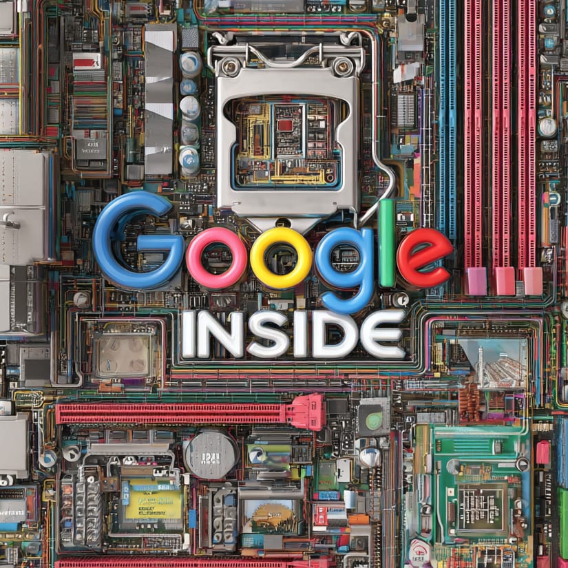 Image of circuit board with the words "Google Inside" reminiscent of the Intel Inside ad campaign.