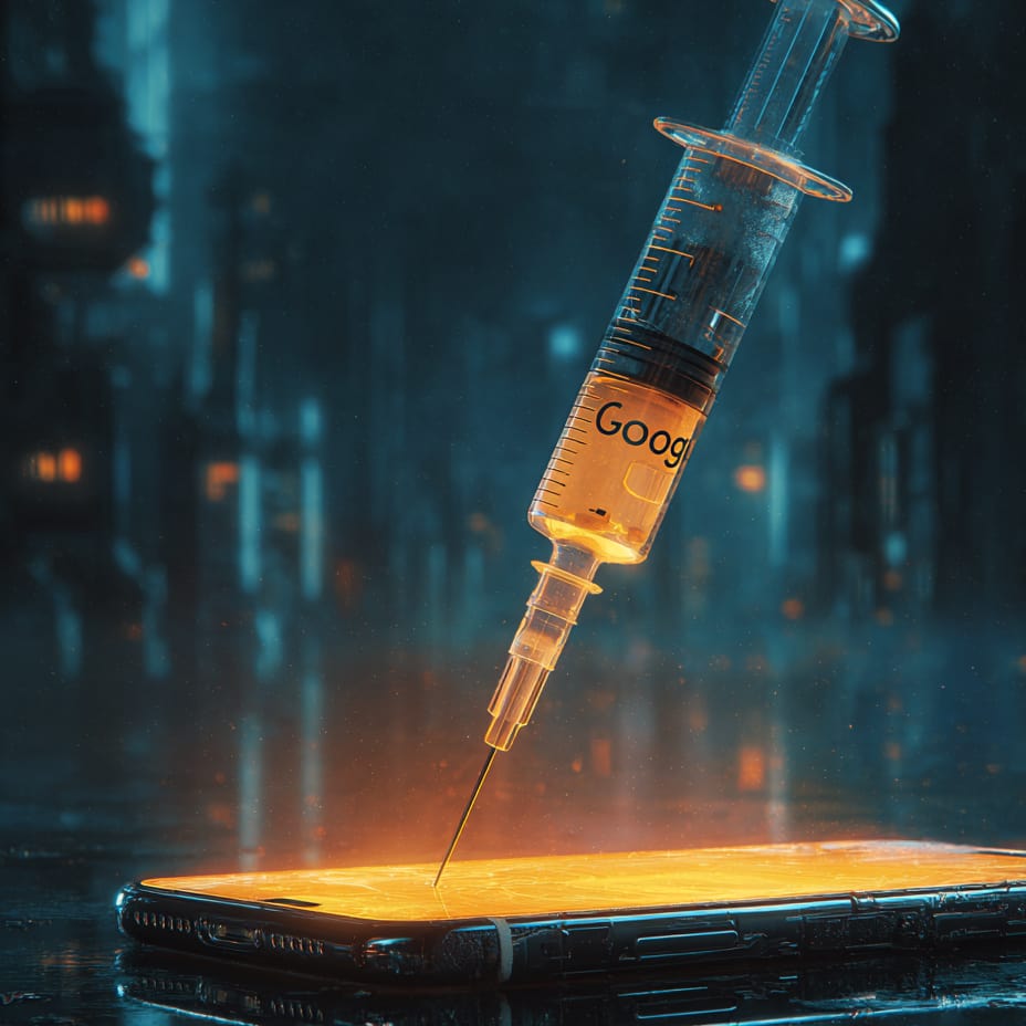 A syringe marked Google injecting liquid into an iPhone.