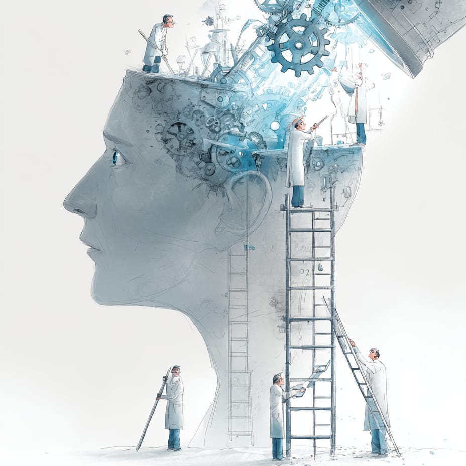 Surreal cartoon of people in white lab coats hoisting the top of a person's skull up to work on their mind.