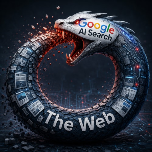 Google AI search as an ouroboros eating its tail/body, which is the web.