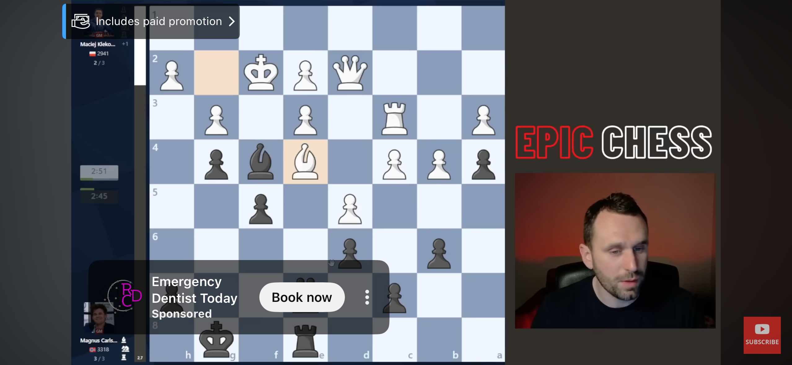 Screenshot of a chess video with the ad thumb obscuring the action.