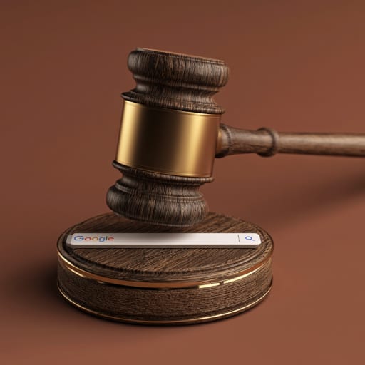 Image of a gavel coming down on the Google search bar.