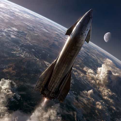 Image of Starship rocket hovering above Earth, with Moon in the distance.