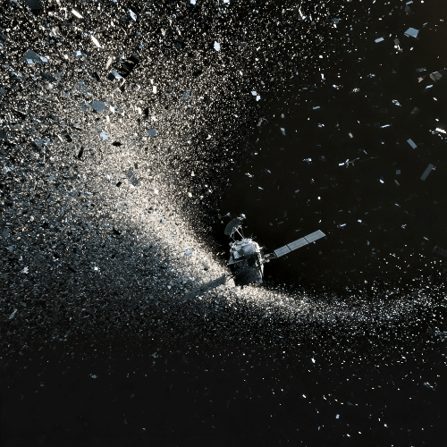 A lone satellite casts a shadow that becomes a growing cloud of orbital debris, illustrating the Kessler Syndrome.