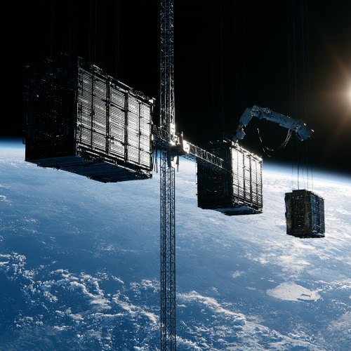 Three large data center modules orbit Earth as a robotic arm assembles them into a larger structure, illustrating the challenge of building space data centers in orbit.