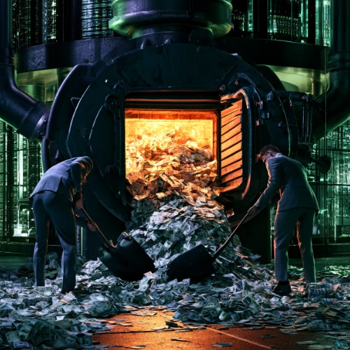 Businesspeople shovel piles of dollar bills into a massive AI data center, symbolizing the enormous investment pouring into artificial intelligence infrastructure.