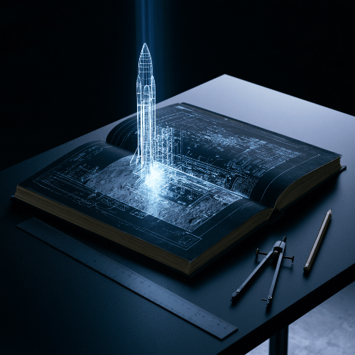 An open science fiction novel transforms into a glowing engineering blueprint for a rocket and lunar base, symbolizing the danger of treating science fiction as an instruction manual