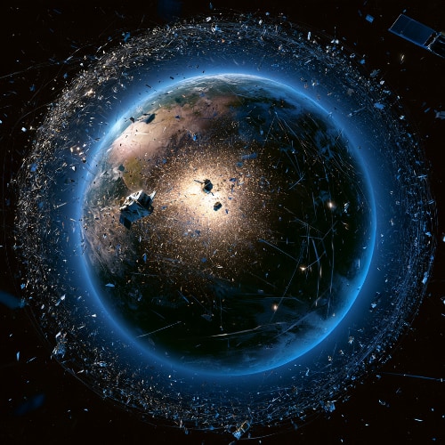Earth surrounded by a dense ring of satellites and orbital debris, with one collision sending fragments outward in a chain reaction, illustrating the danger of Kessler Syndrome.