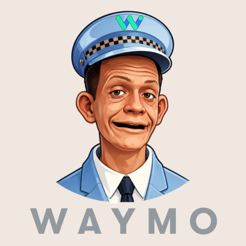 Waymo logo alongside an image of Johnny Cab from Total Recall, connecting today’s driverless taxis with a classic science-fiction vision of autonomous transportation