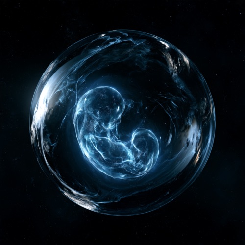 Glowing human fetus inside a translucent sphere floating in space.