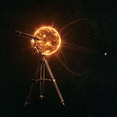 Sun mounted on a telescope tripod in space, aimed toward a distant Earth-like planet, illustrating the idea of using the Sun itself as a gravitational lens telescope.